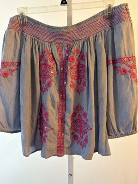 INC International Concepts Navy Pink Embroidered 3/4 Sleeve Tunic Off Shoulder L